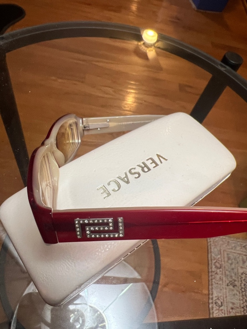 Versace Red Crystal-Logo Rectangular Sunglasses